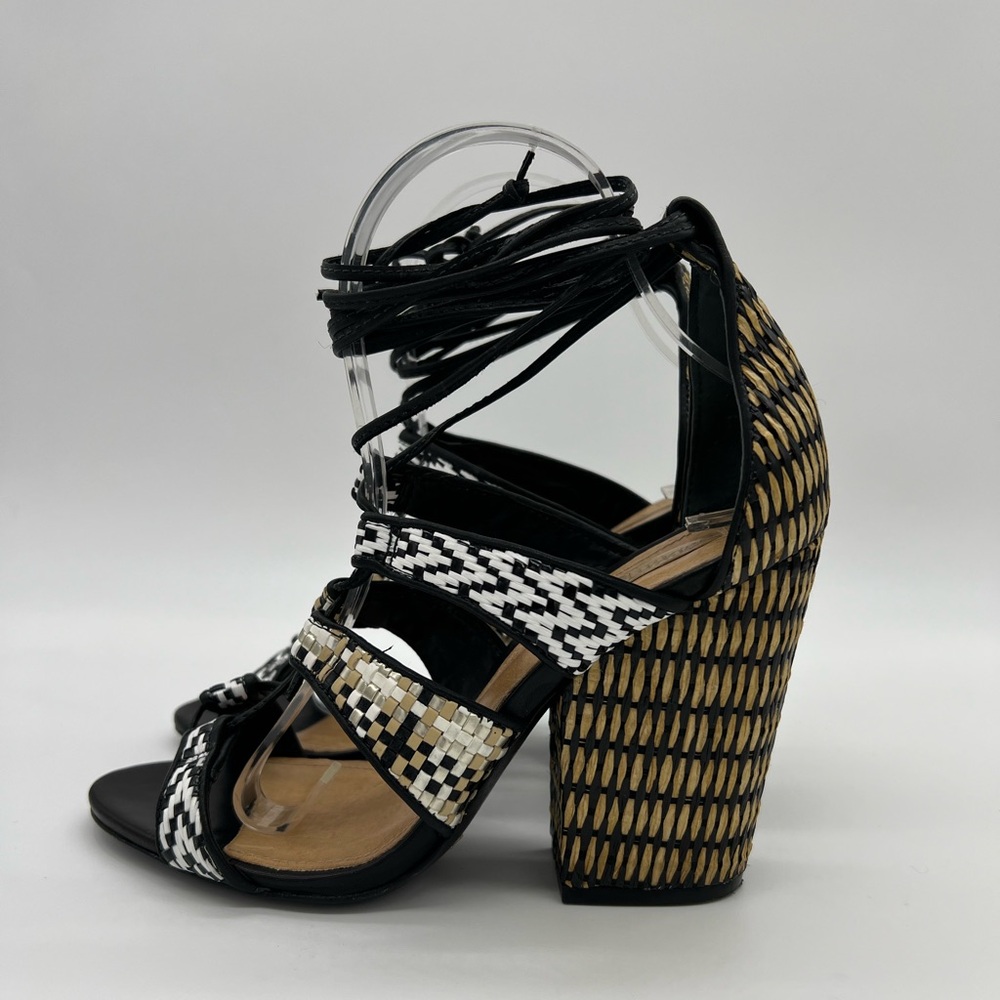 Schutz Woven Raffia Block Heel Lace-Up Strappy Sandals Black/White Sz 7 - Picture 3 of 16